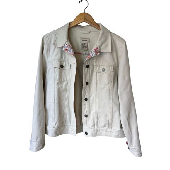 Vintage L.L Bean 100% Cotton Beige/Cream Denim Jacket With Floral Trim - Picture 1 of 11